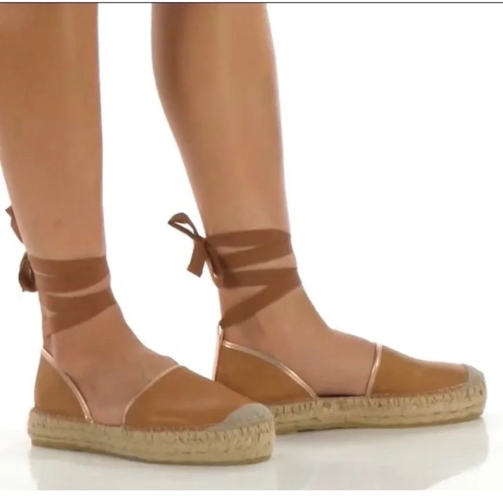 Free People Tan Espadrille Ankle Tie Flats